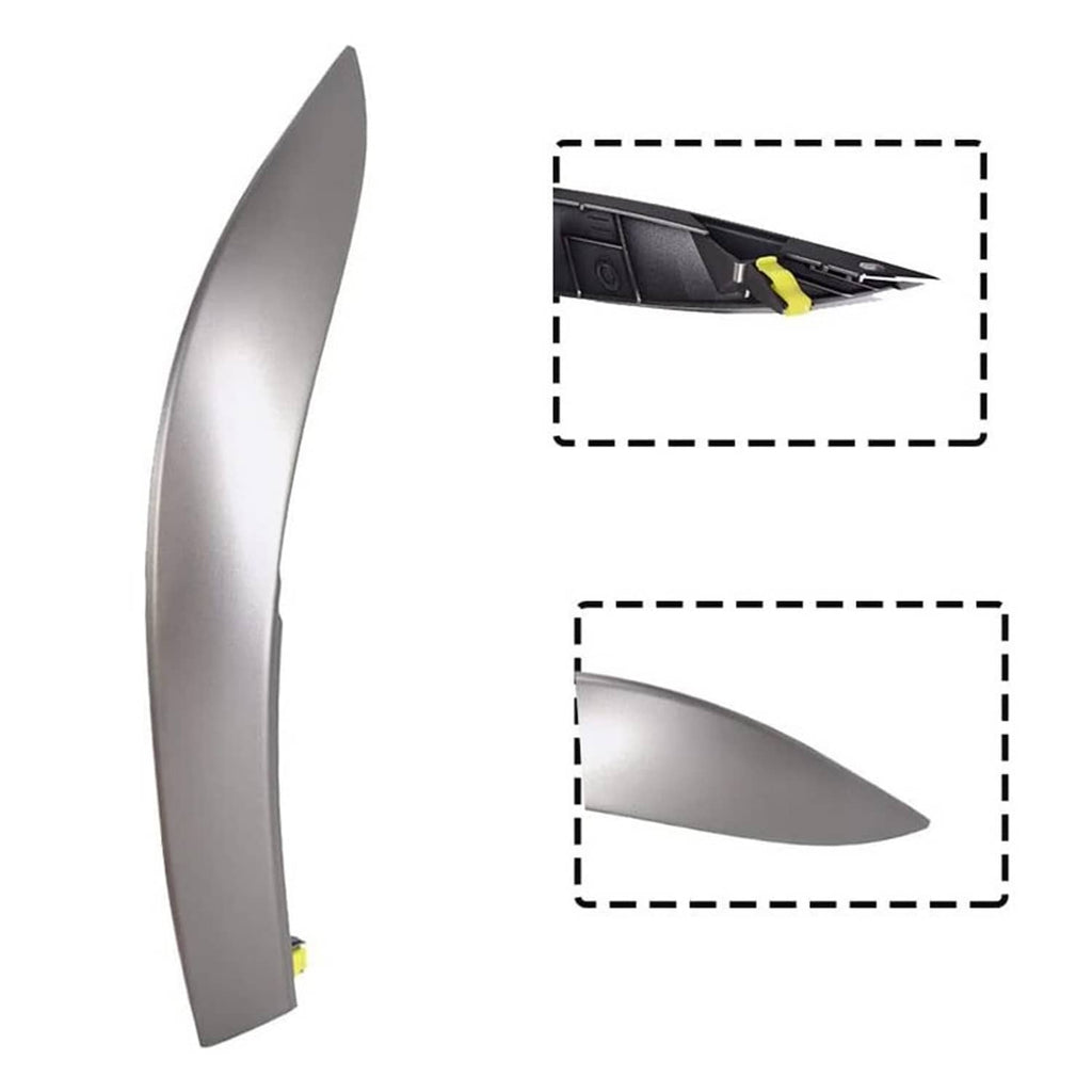 Curved dashboard trim end panel, metallic gray with yellow mounting tabs