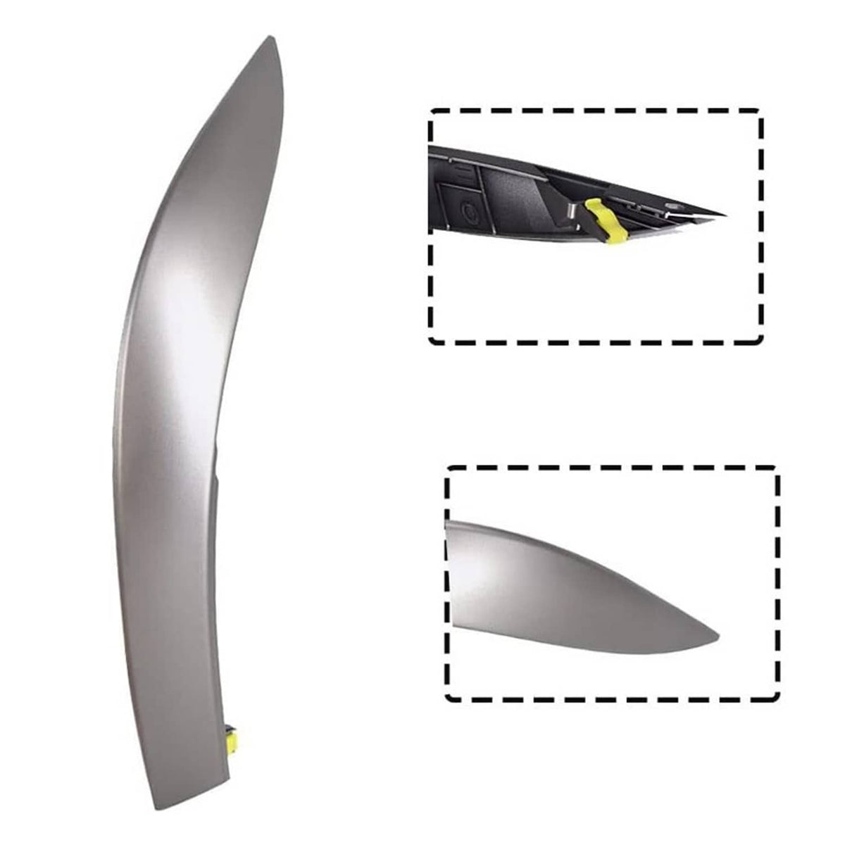 Curved dashboard trim end panel, metallic gray with yellow mounting tabs
