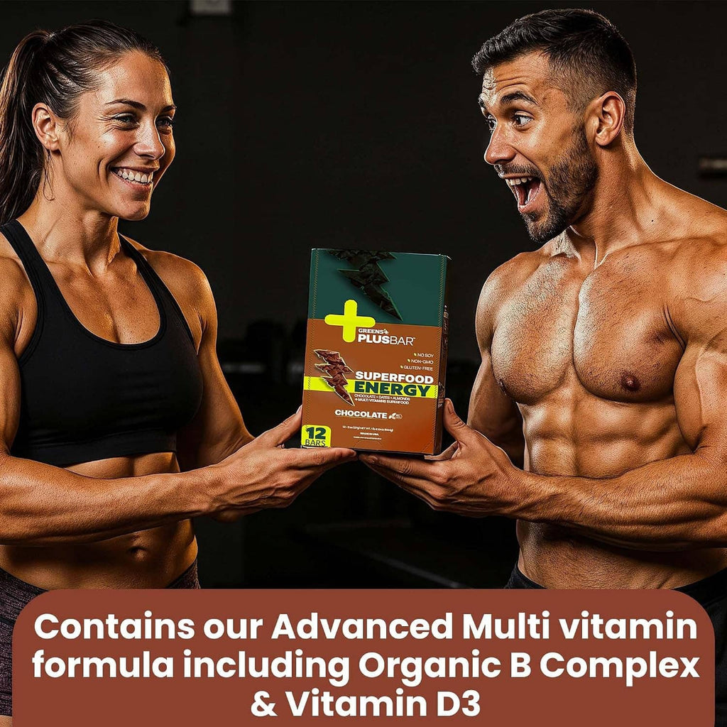 Two people holding Plusbar Superfood Energy Chocolate bars with green-and-brown packaging.