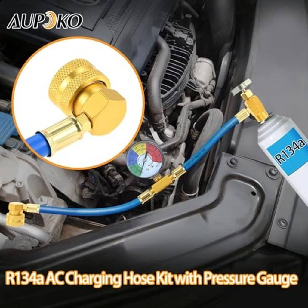 Refrigerant charging hose kit with blue hose, brass fittings, and pressure gauge