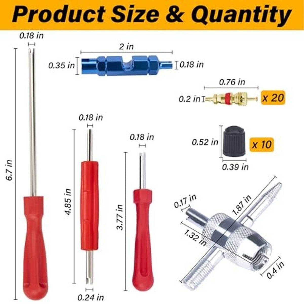 Valve stem removal tools size chart with red handle, metal rods, and valve core pieces