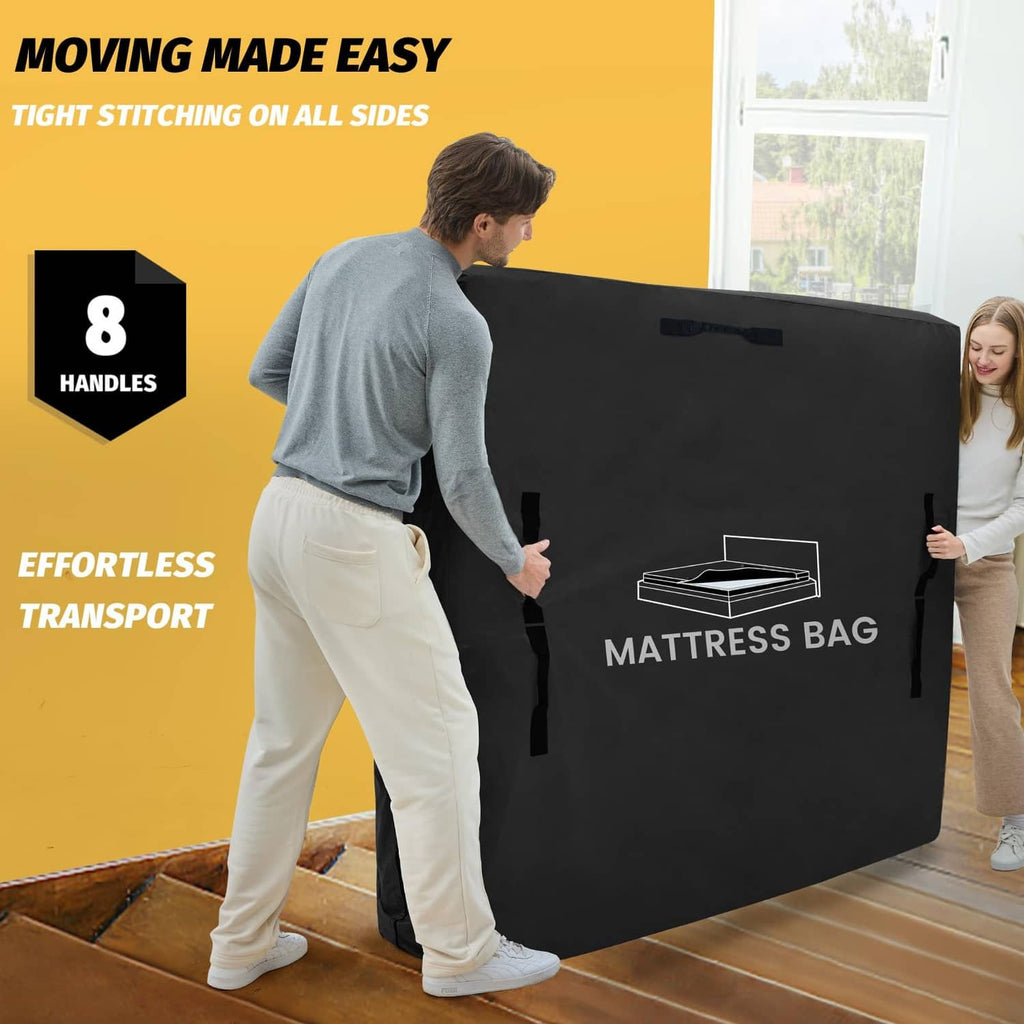 Black mattress storage bag with reinforced handles and logo print