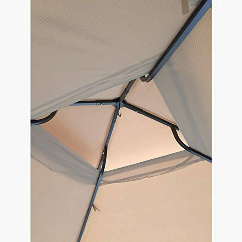 Beige canopy top fabric close-up with sewn seams and corner grommet loops