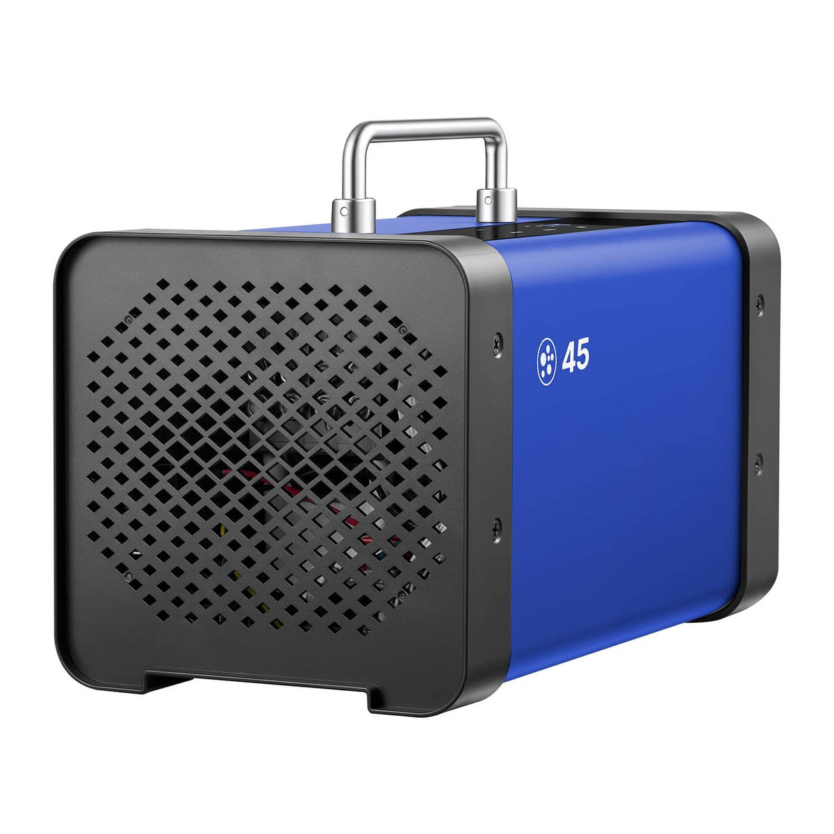 Blue and black ozone generator with rear vent panel and top metal handle frame