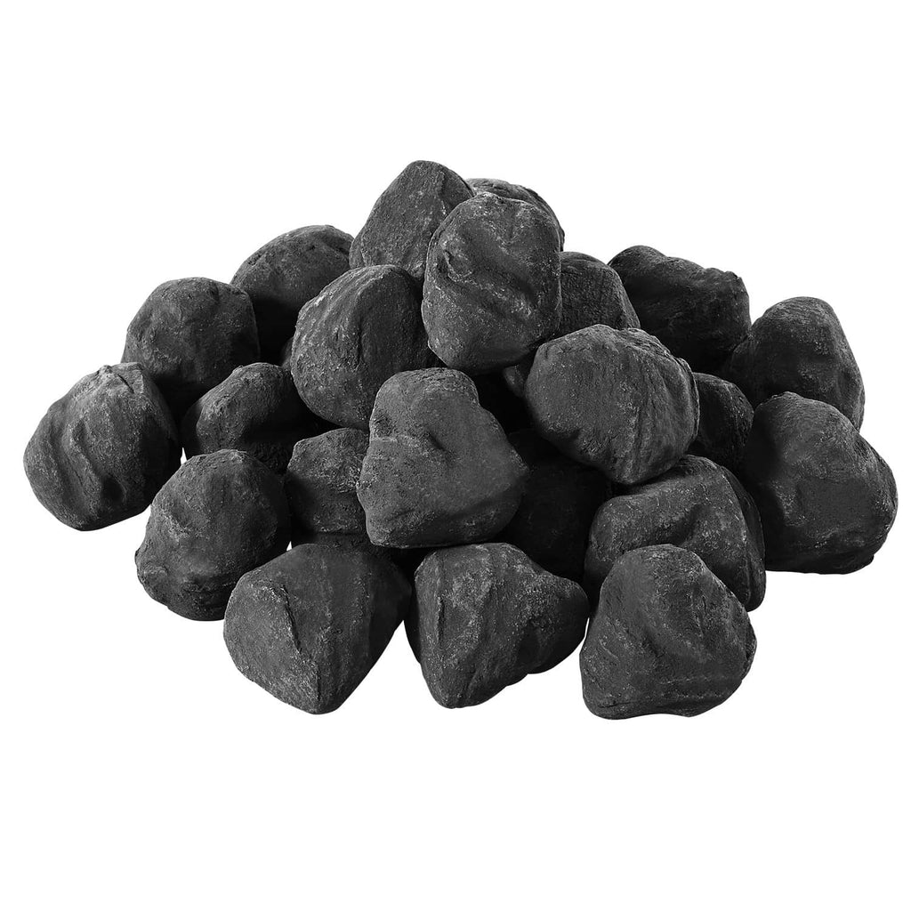 Black fire pit stones, assorted rounded lava rock pieces in a tight pile