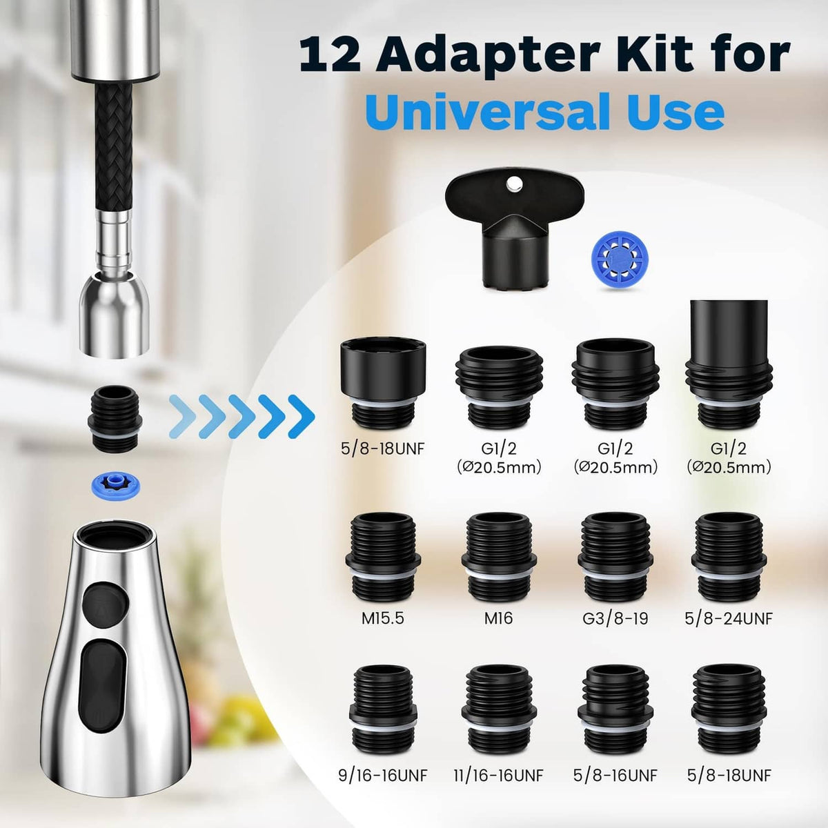 Adapter kit with multiple black thread adaptors for universal kitchen faucet fit