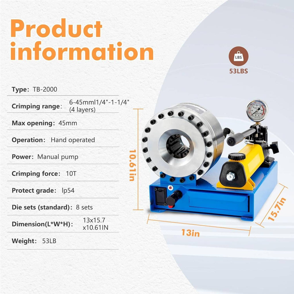 Hydraulic hose crimper machine with die head, pressure gauge, and yellow lever