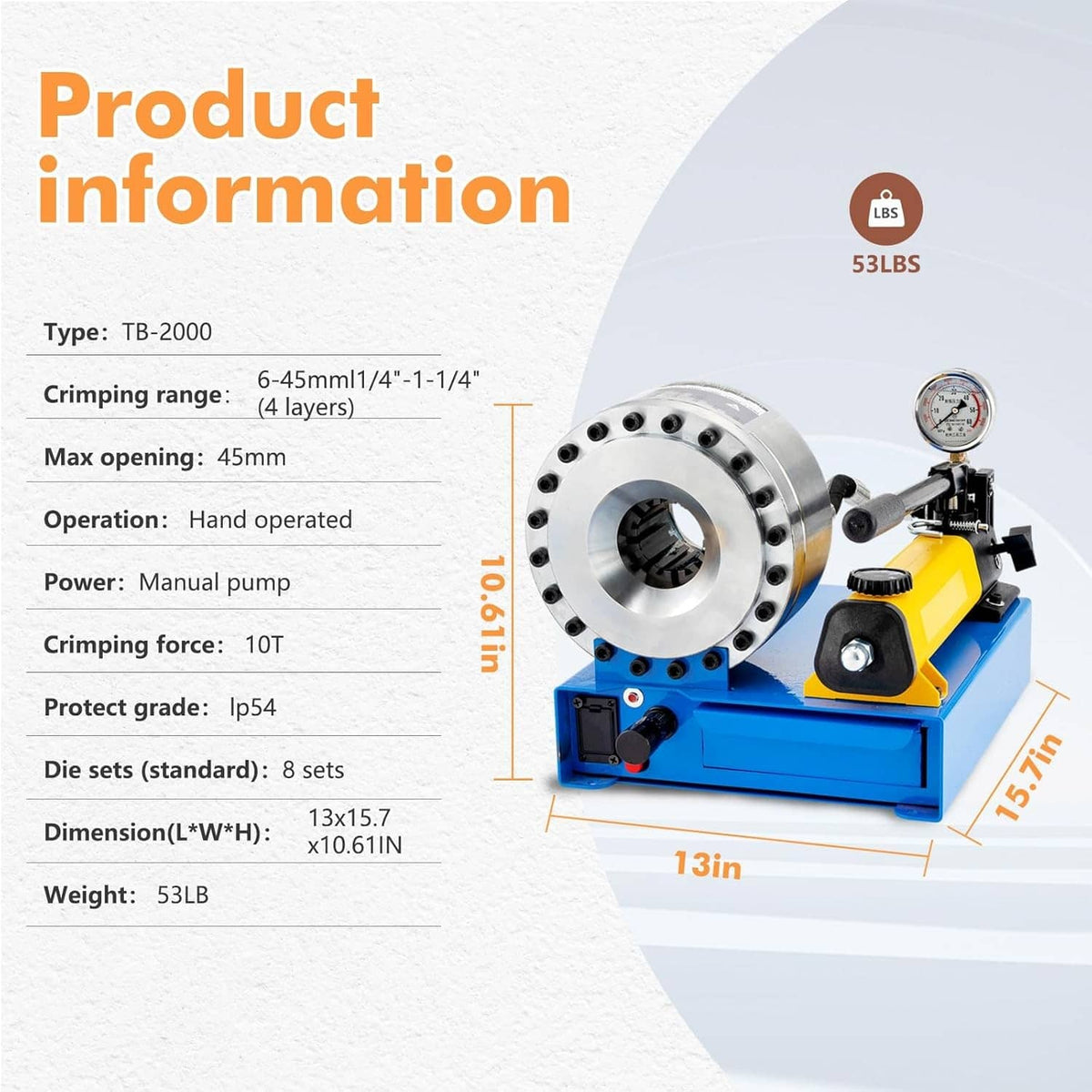 Hydraulic hose crimper machine with die head, pressure gauge, and yellow lever