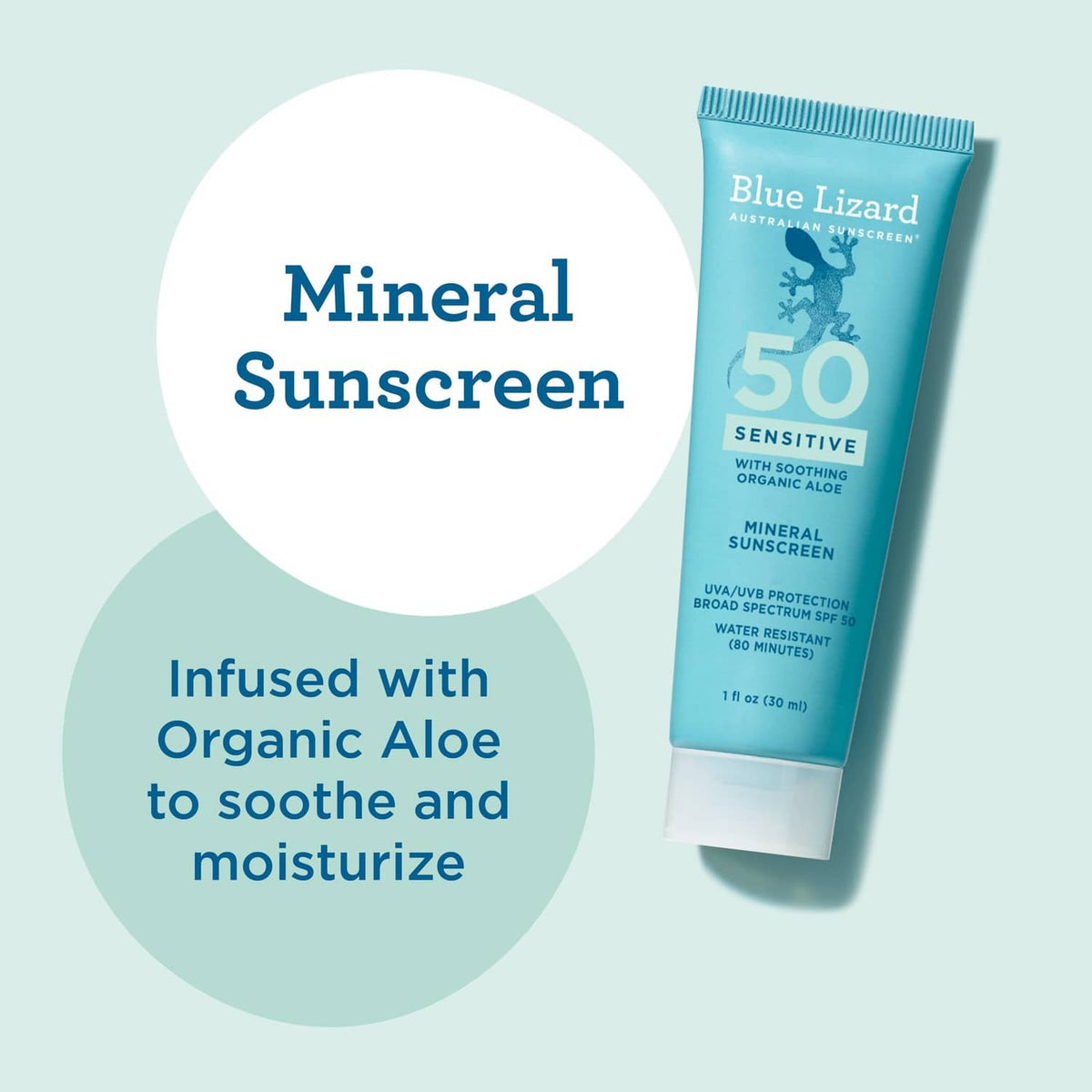 Blue Lizard mineral sunscreen SPF 50 sensitive tube with organic aloe, 1 fl oz.