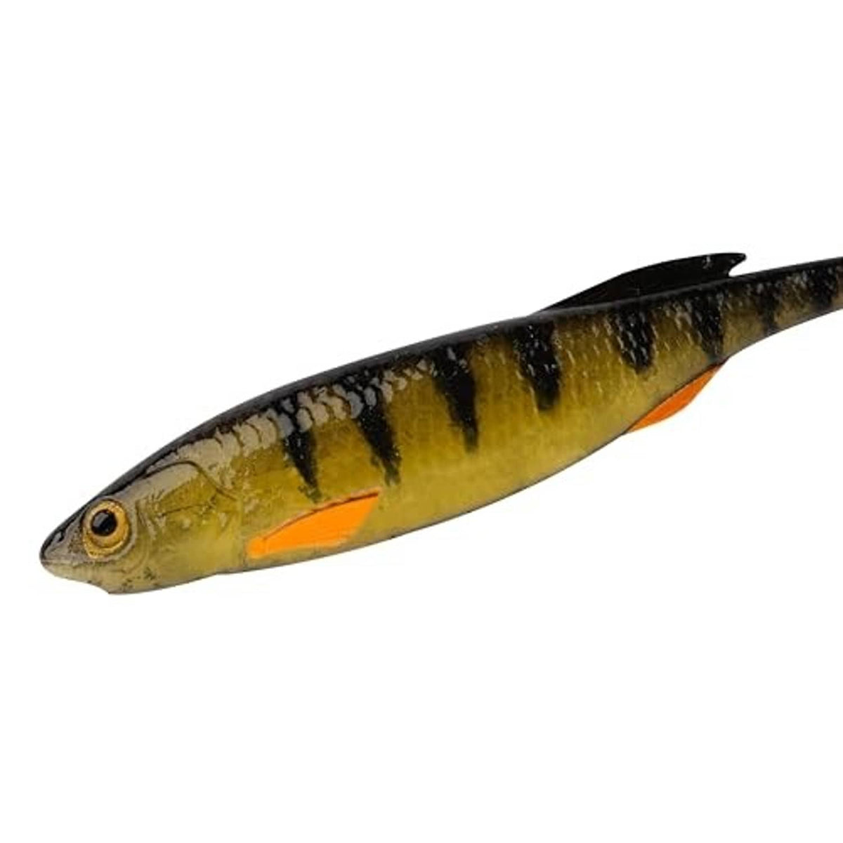 Soft plastic fishing bait head detail, yellow-green with black stripes and orange stripe