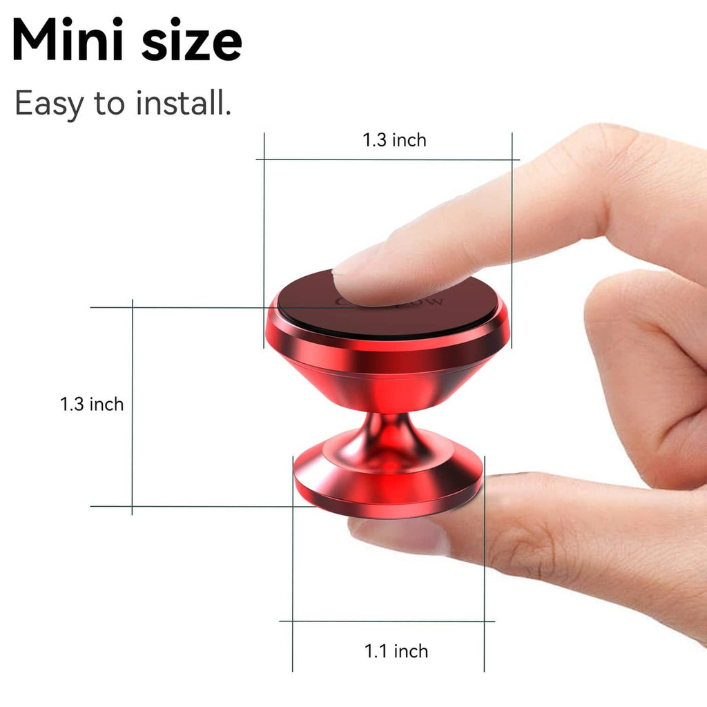 Red magnetic phone holder with black top disc shown with compact size dimensions