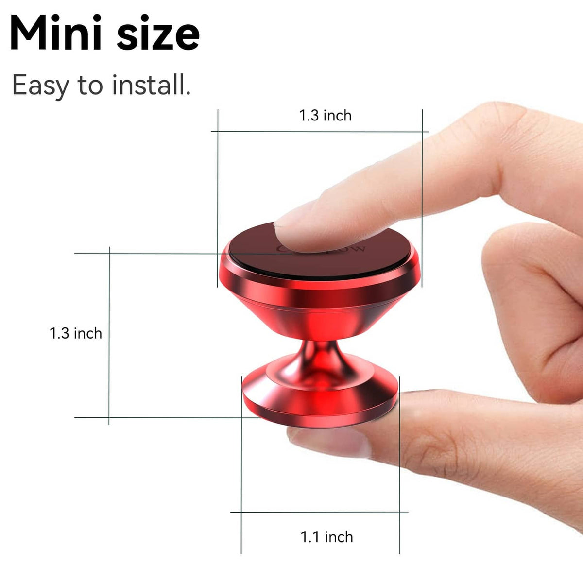 Red magnetic phone holder with black top disc shown with compact size dimensions