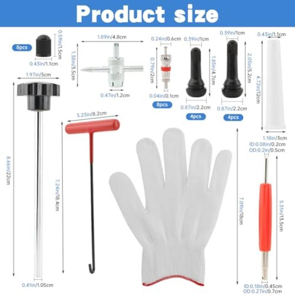 Tire valve stem installation tool kit size chart with red handle tool and white gloves