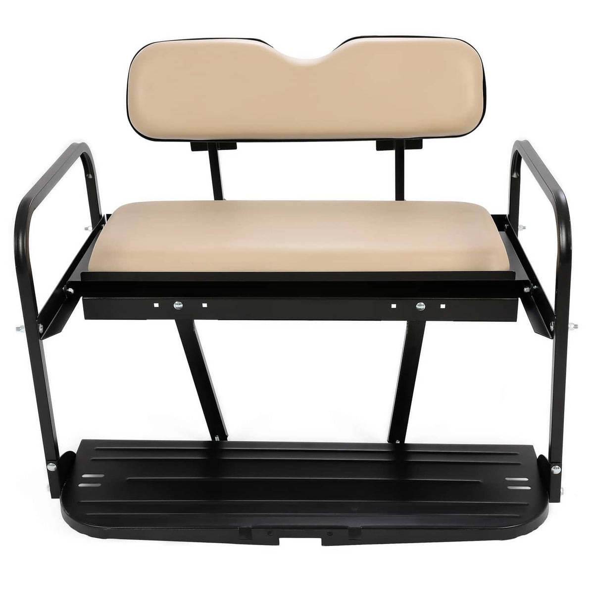 Tan folding rear back seat kit with black steel frame and padded backrest cushions
