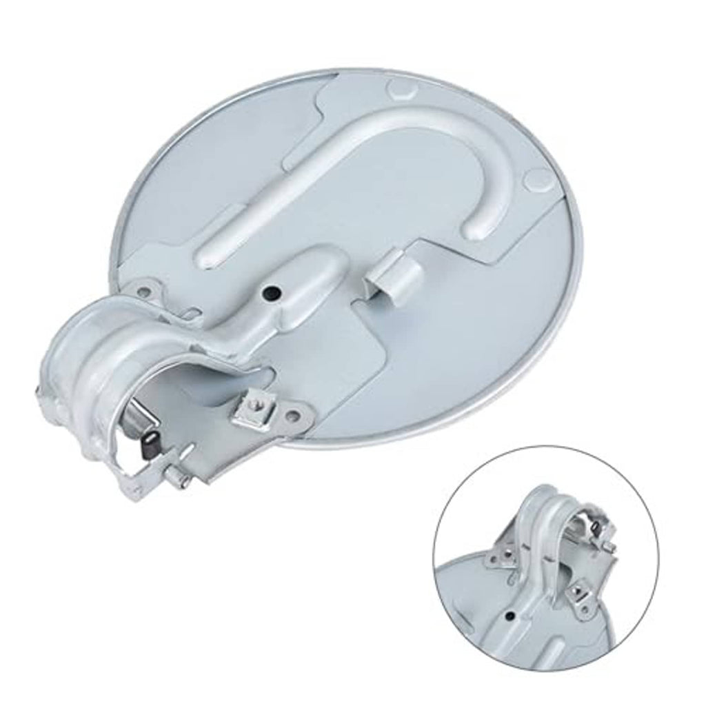 Silver fuel tank door cap replacement, side view with mounting hardware