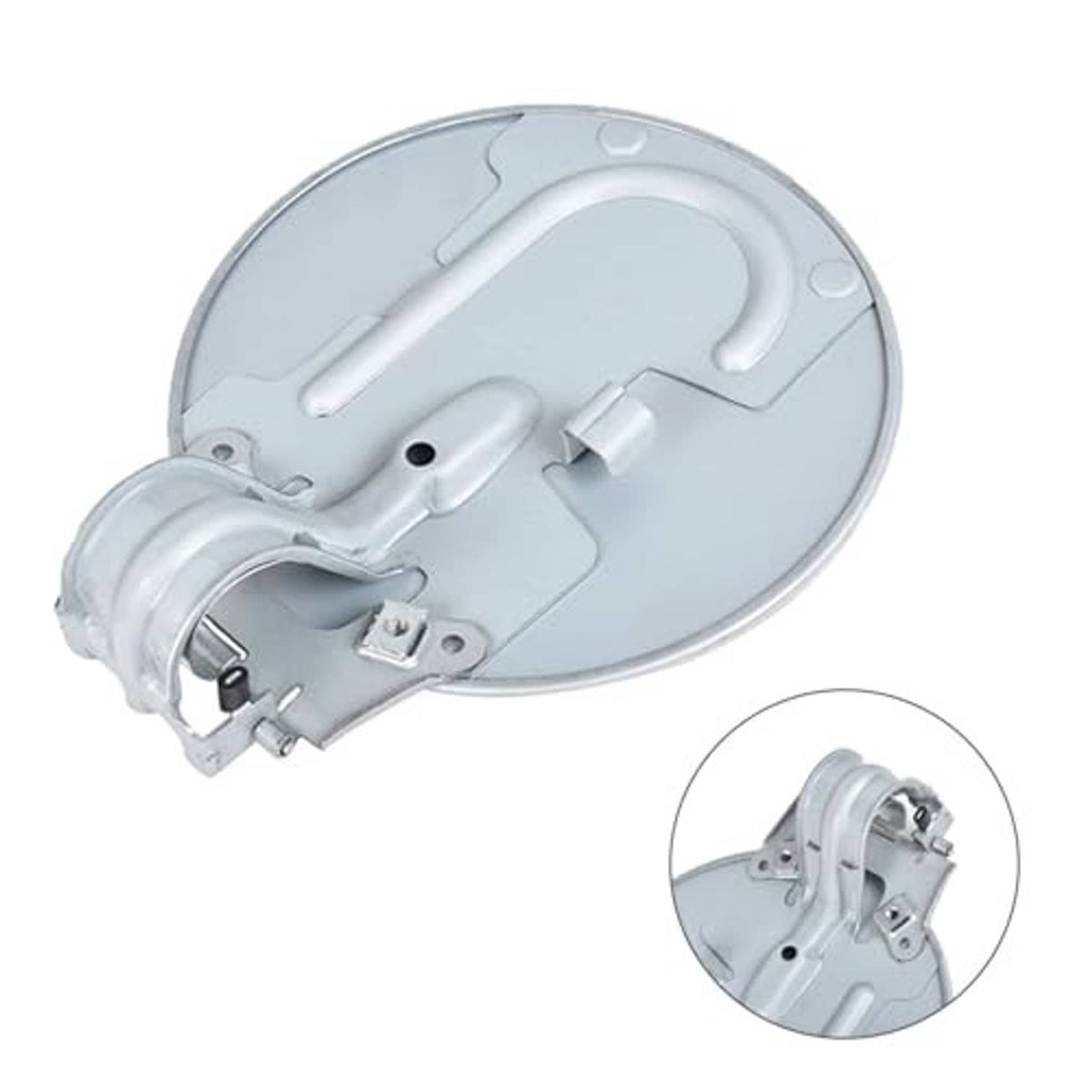 Silver fuel tank door cap replacement, side view with mounting hardware