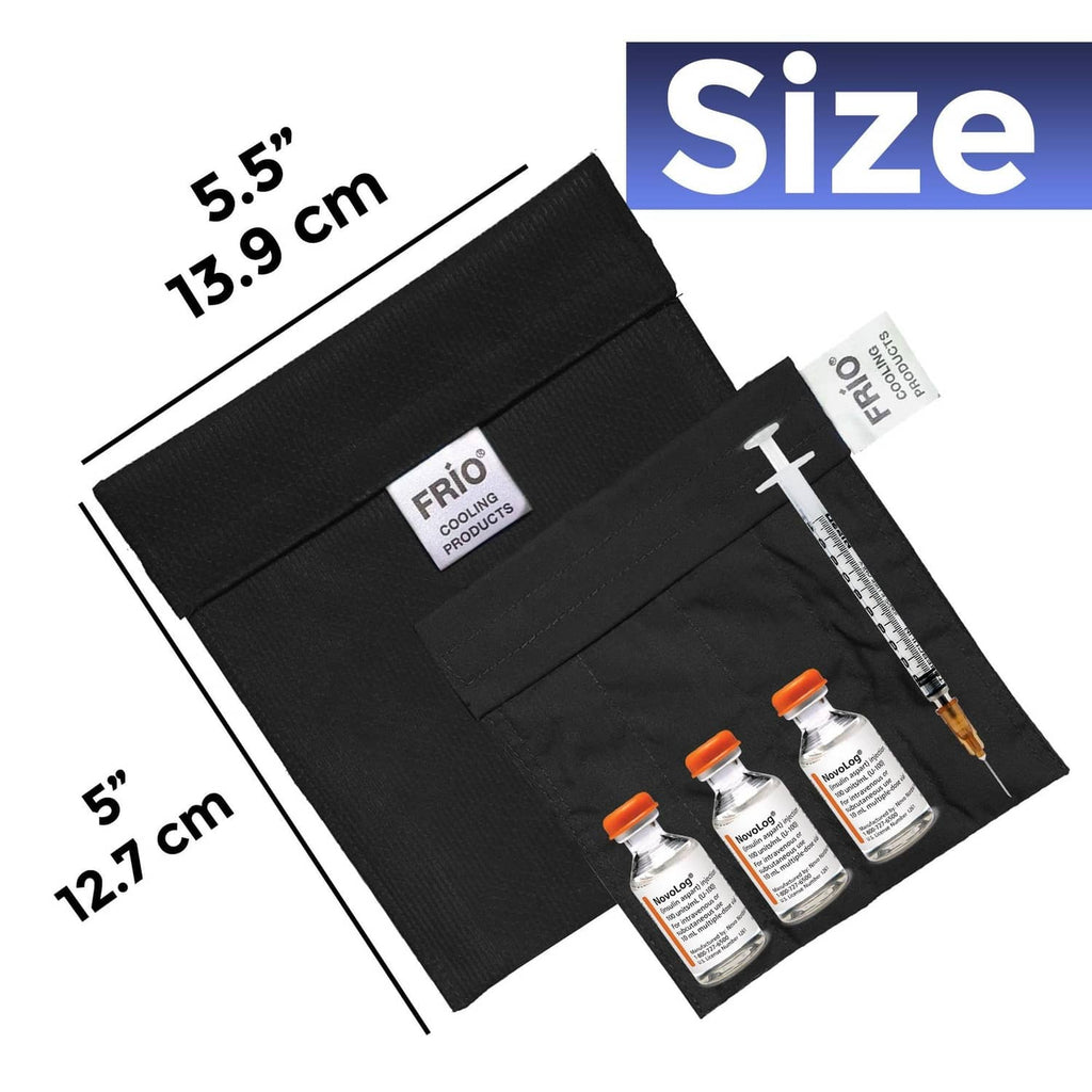 Black cooling wallet with fold-over flap and three medicine vials; size view