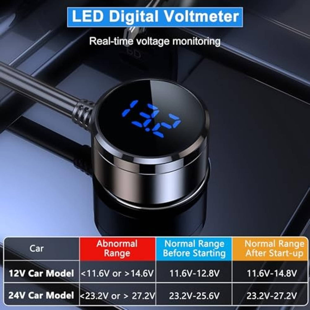 Car cigarette lighter splitter with LED digital voltmeter display and multiple power outlets