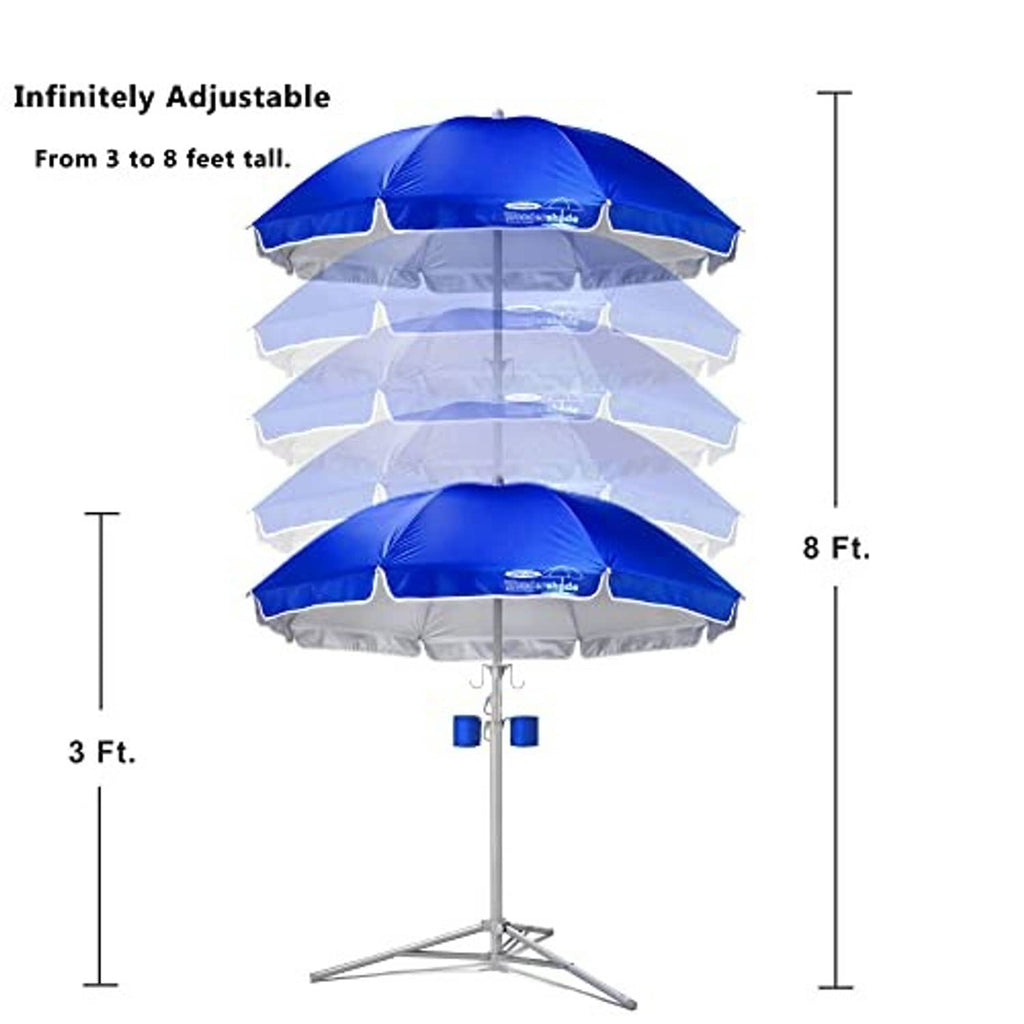 Infinitely adjustable sun shade umbrella on tripod base, royal blue canopy with cup holders