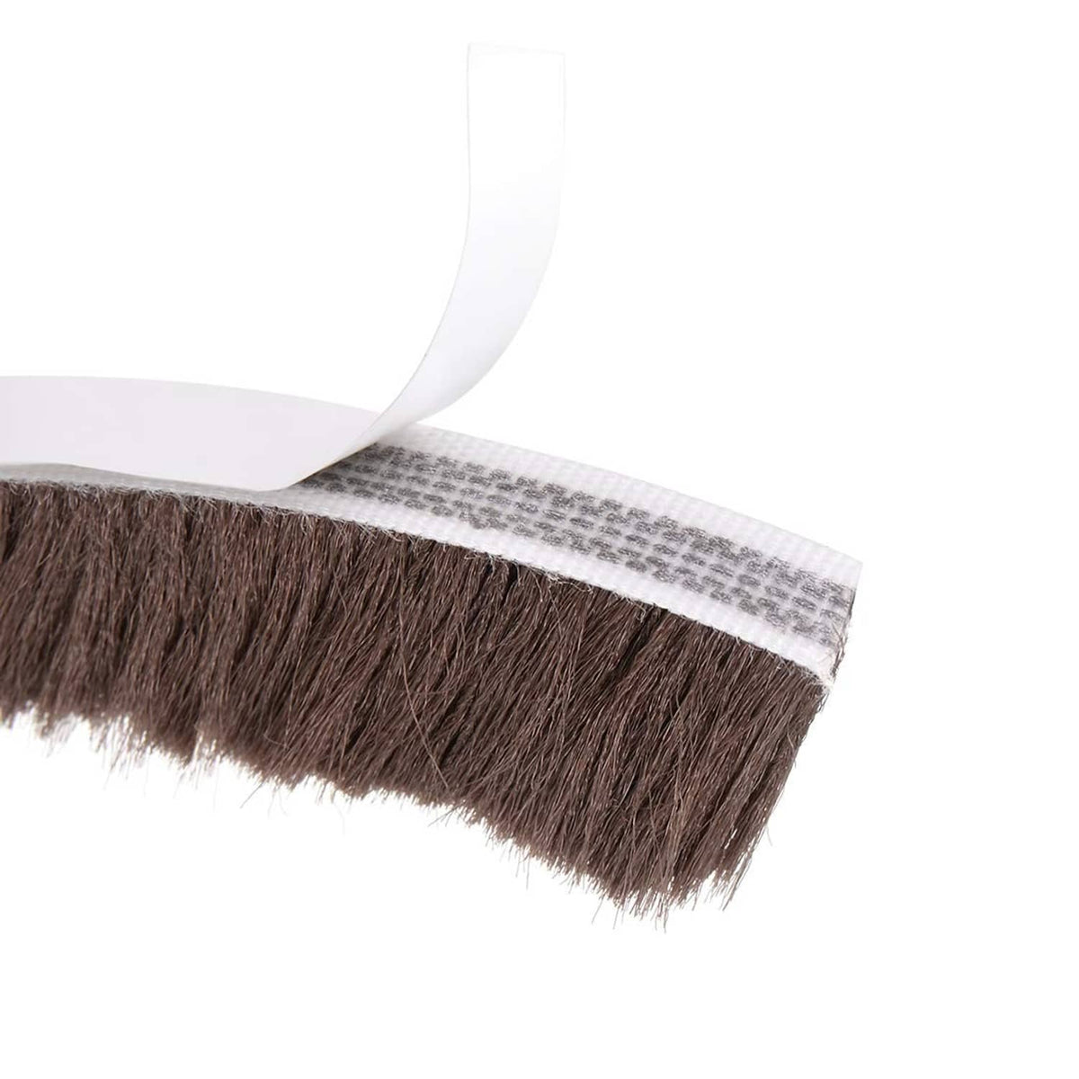 Brown brush weather stripping strip with adhesive felt backing and soft pile bristles