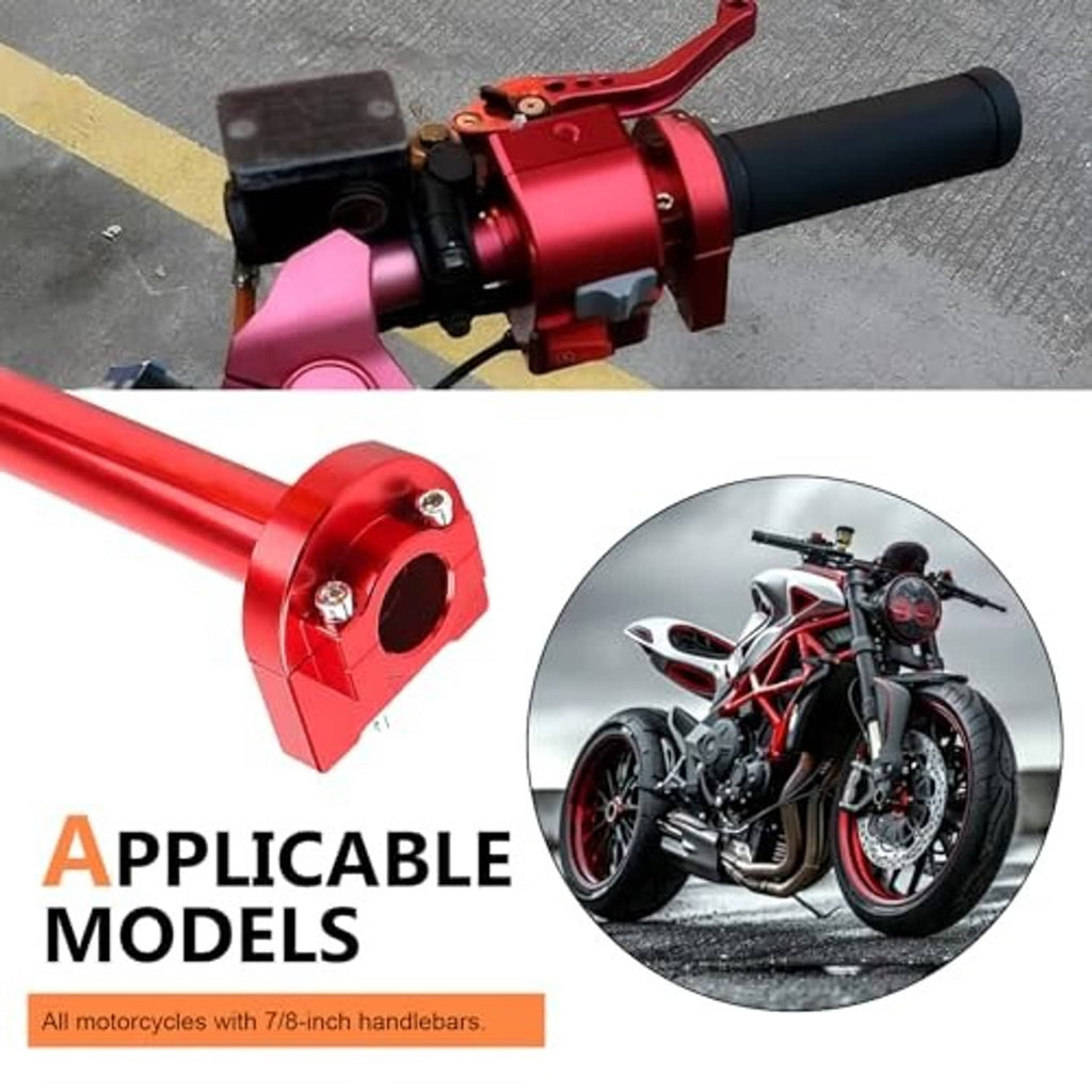 Red motorcycle throttle grip mounted on a bike handlebar with black throttle sleeve