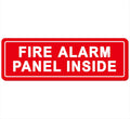 Red fire alarm panel inside sign with white border and FIRE ALARM PANEL INSIDE text