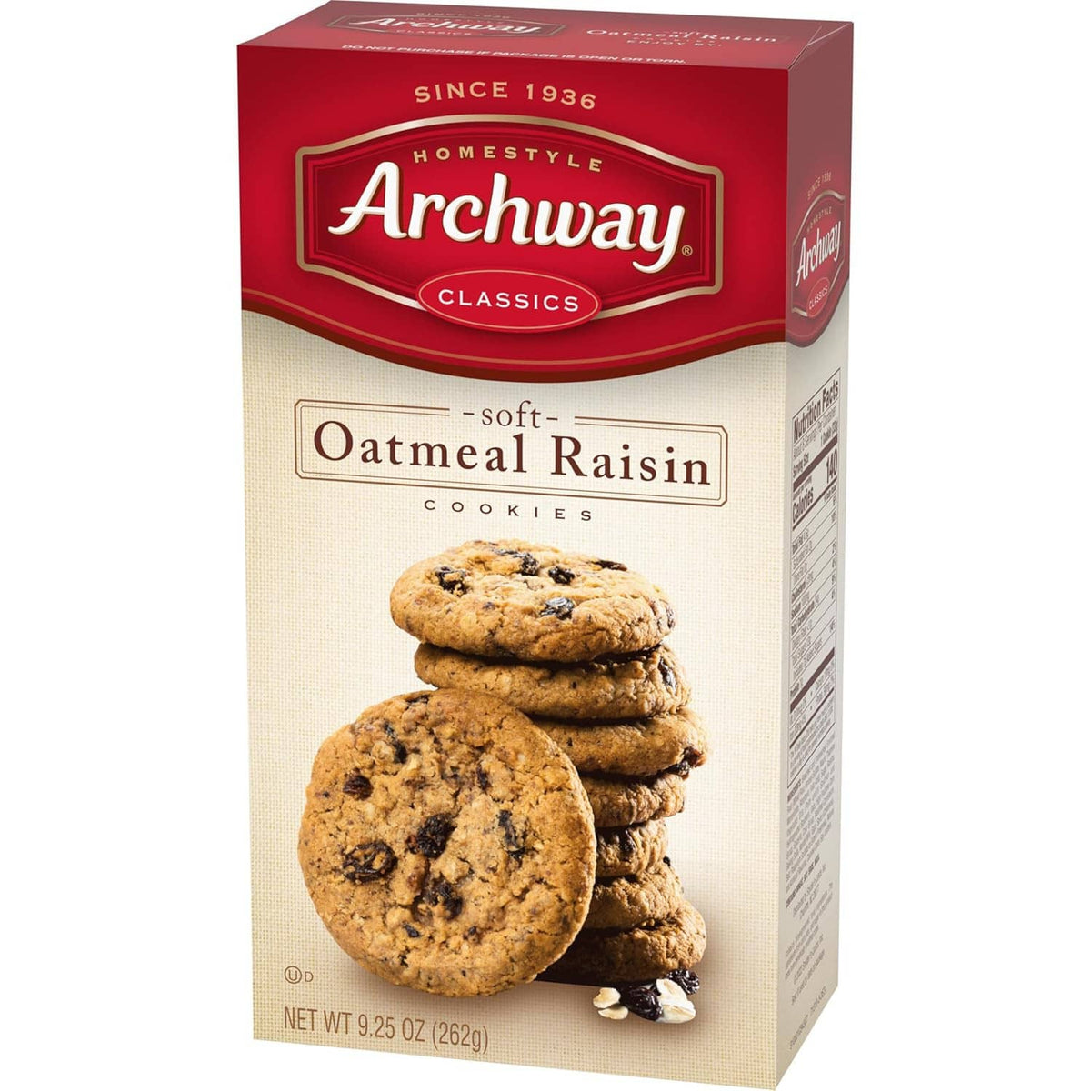 Archway Homestyle Classics soft oatmeal raisin cookies box, angled front view