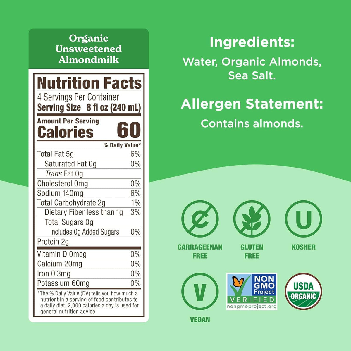 Organic unsweetened almond milk nutrition facts and ingredients panel on carton