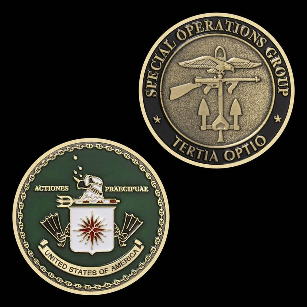 Two-sided military challenge award coins, showing green shield and dark rifle emblem
