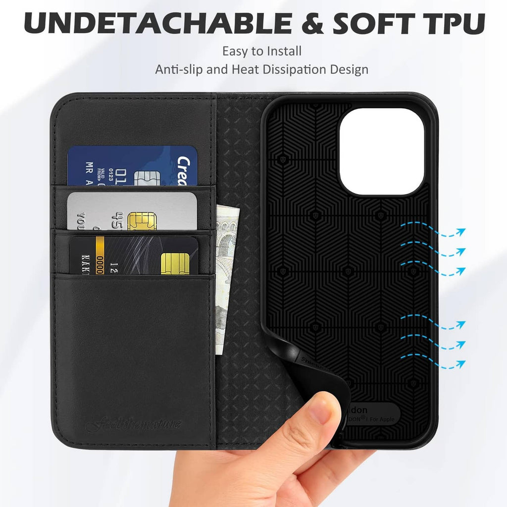 Black leather wallet phone case with card holder and soft TPU back