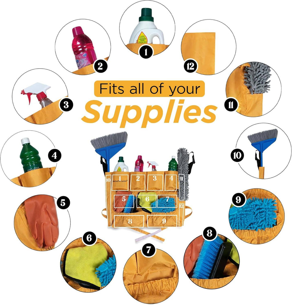 Trash can caddy bag with multiple labeled storage sections for cleaning supplies