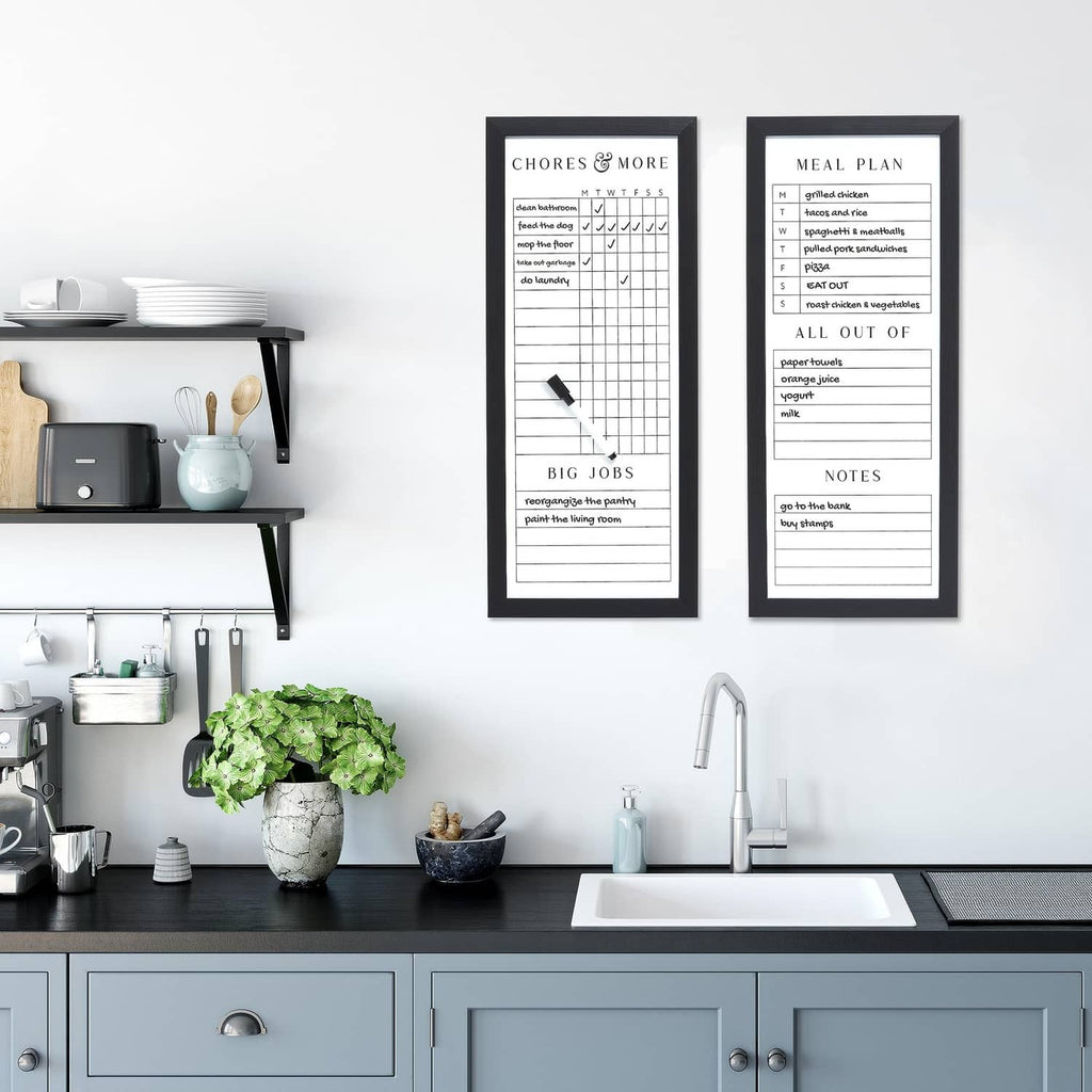 Set of two black framed dry-erase family planner boards with meal plan and chores charts