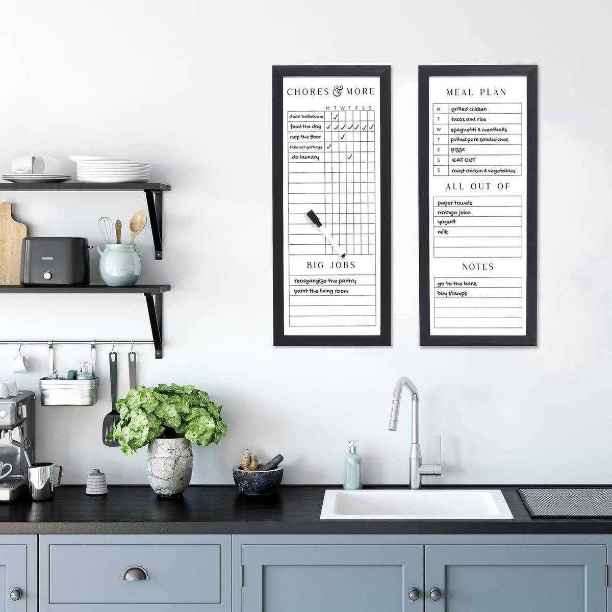 Set of two black framed dry-erase family planner boards with meal plan and chores charts