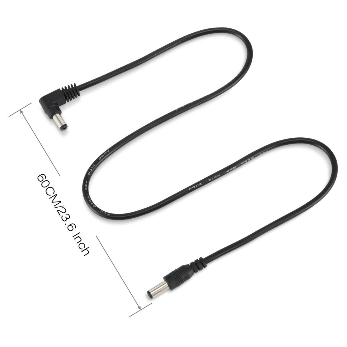 Black DC guitar pedal power cable with 2.1mm barrel plug and 2-prong end