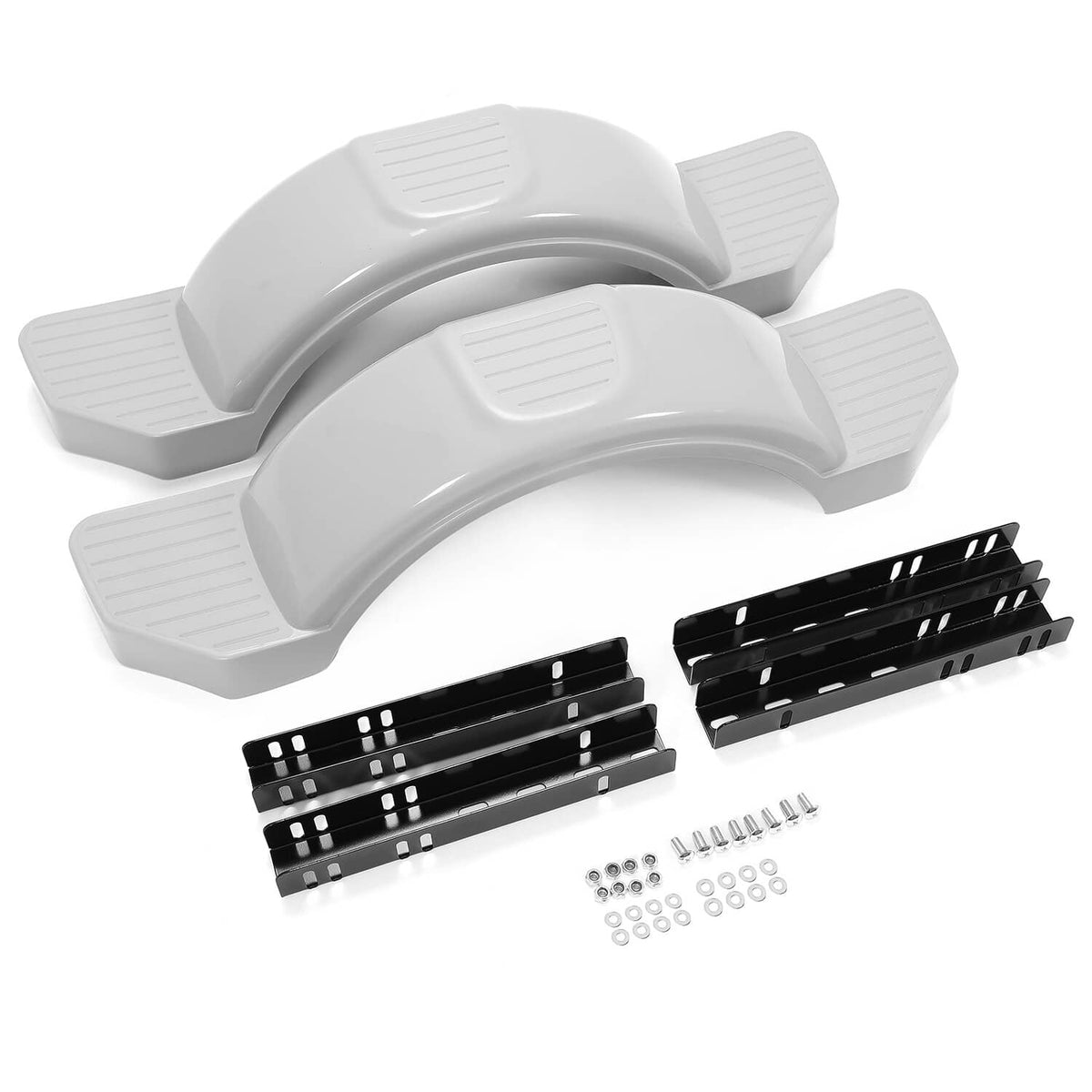 Set of gray trailer wheel fenders with step treads and black mounting brackets