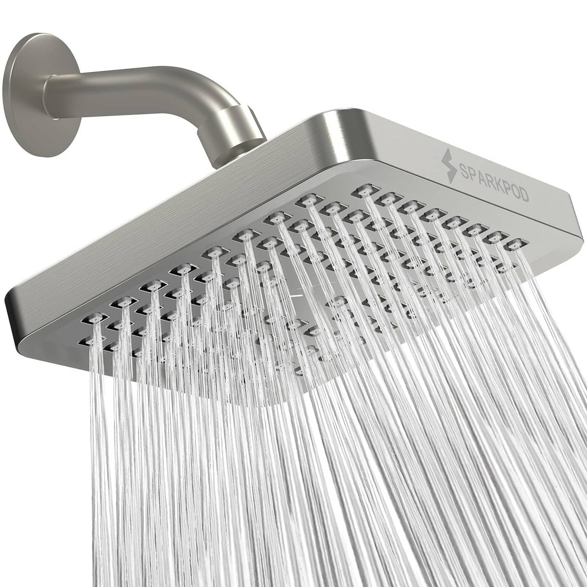 6-inch square rain shower head in brushed nickel with multiple spray nozzles