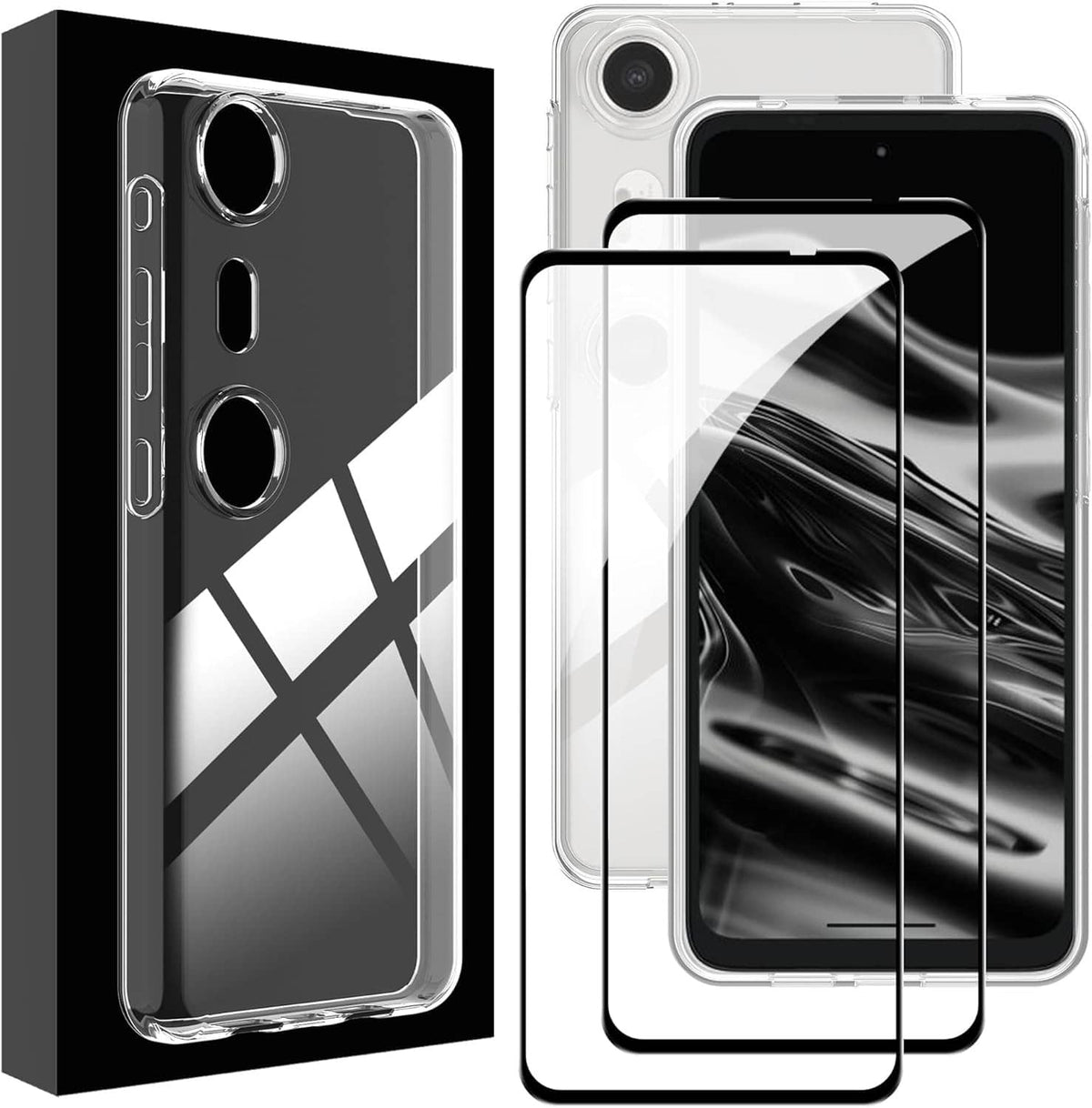Black and white phone case set with screen protector sheets, front and back views