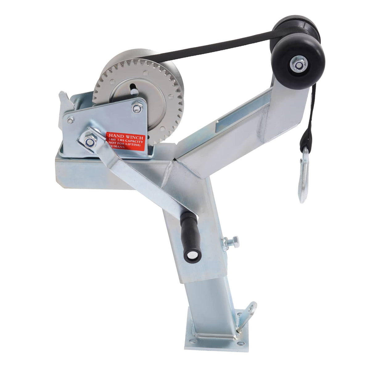 Adjustable boat trailer winch stand with gear wheel, black roller, and mounting arm