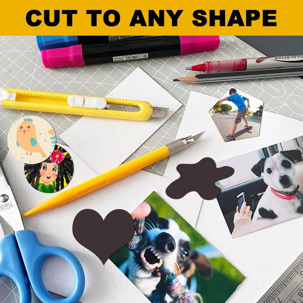 Flexible magnetic sheet for custom shapes, holds cut photos and cards on metal