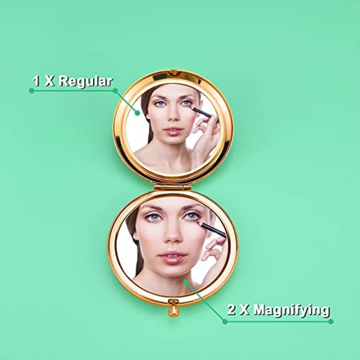 Double-sided compact mirror with rose-gold frame and 1x/2x magnifying