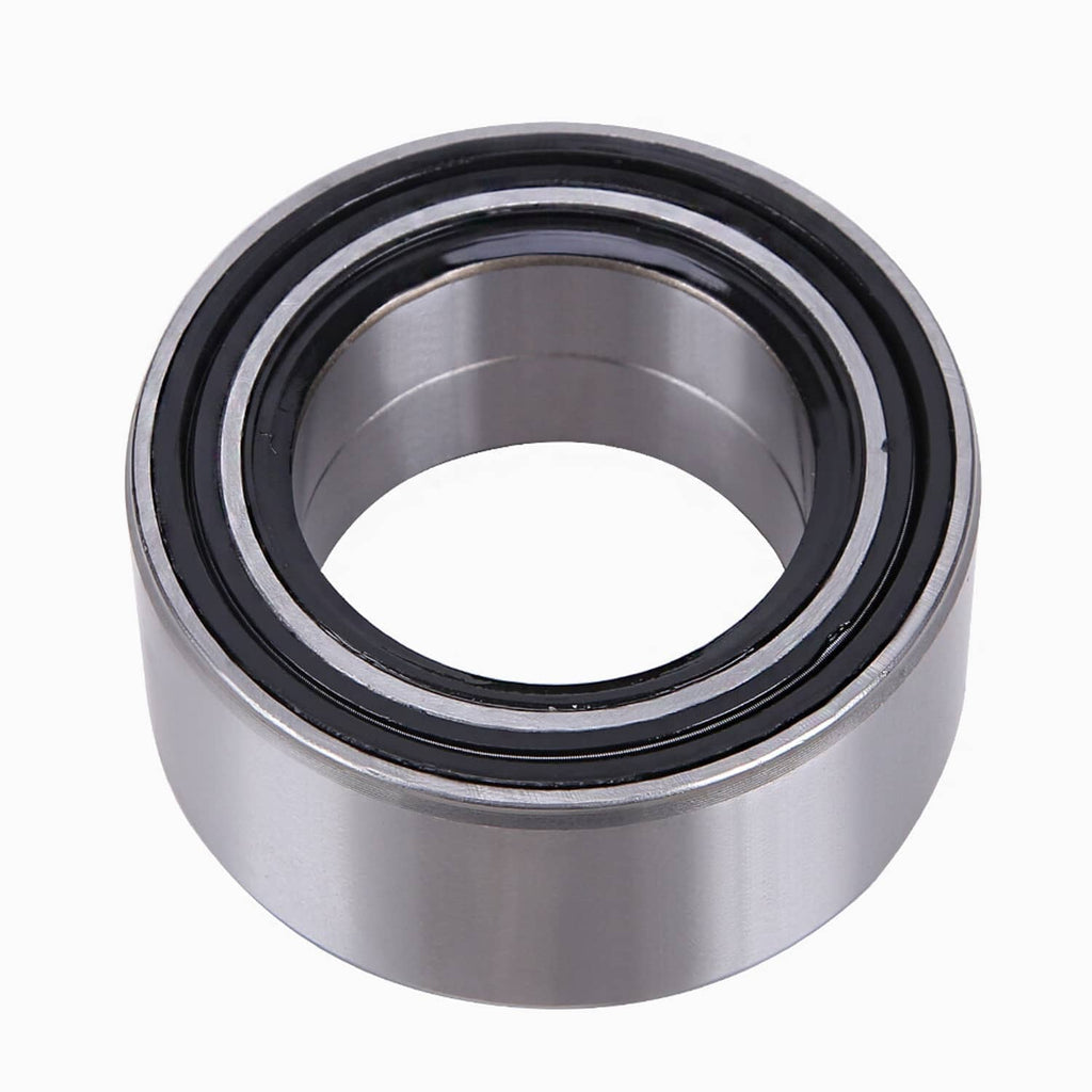 Wheel bearing end view with silver housing and black rubber seal around opening