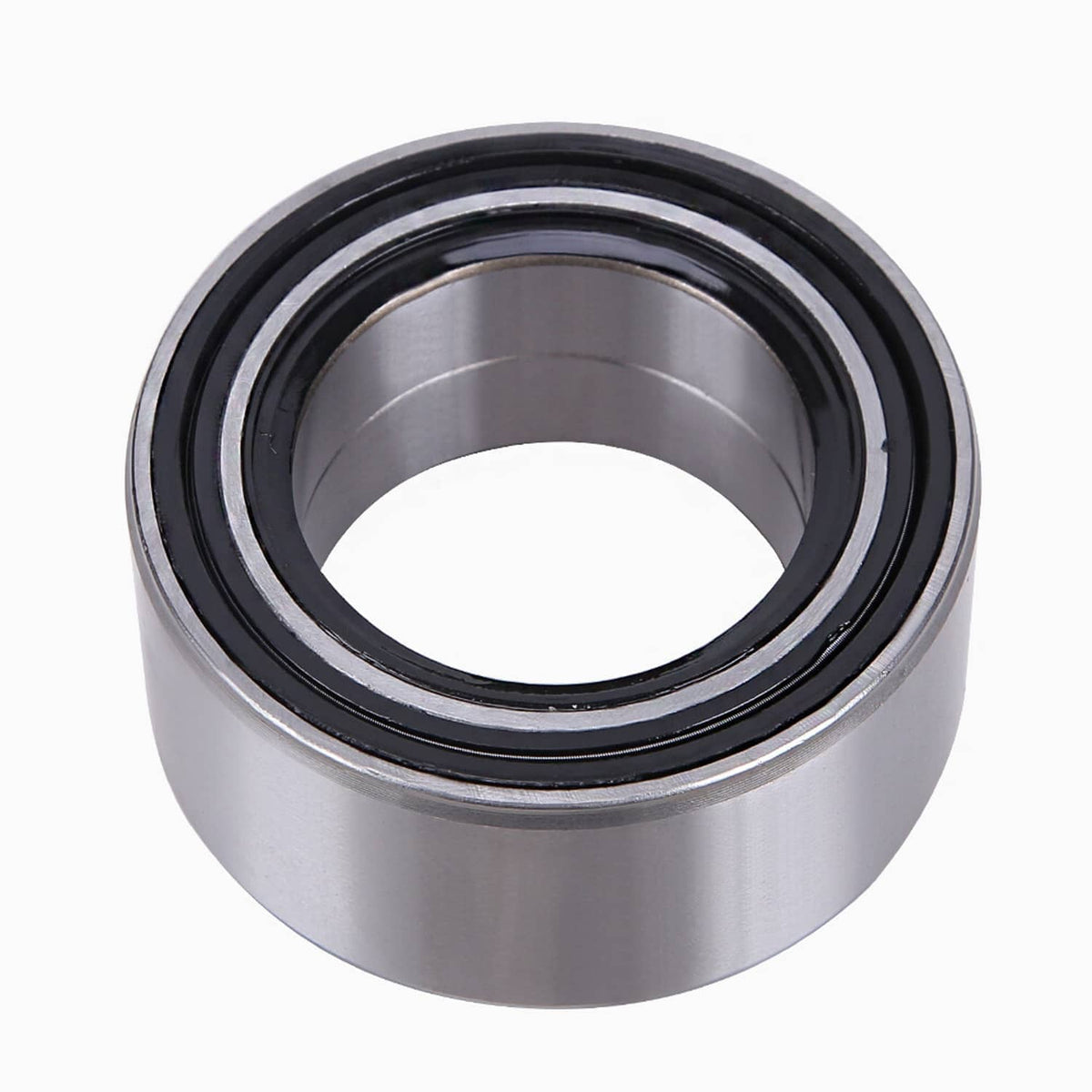 Wheel bearing end view with silver housing and black rubber seal around opening