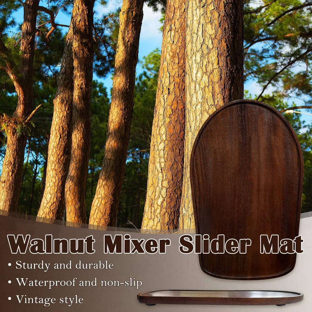 Walnut mixer slider mat with rounded arched shape, dark wood finish on kitchen surface