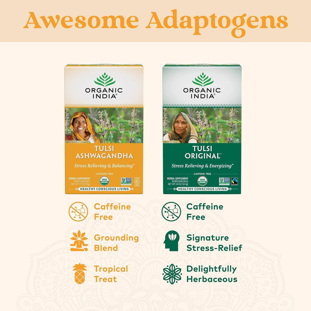 Two Tulsi herbal tea boxes with caffeine-free and blend benefit icons.