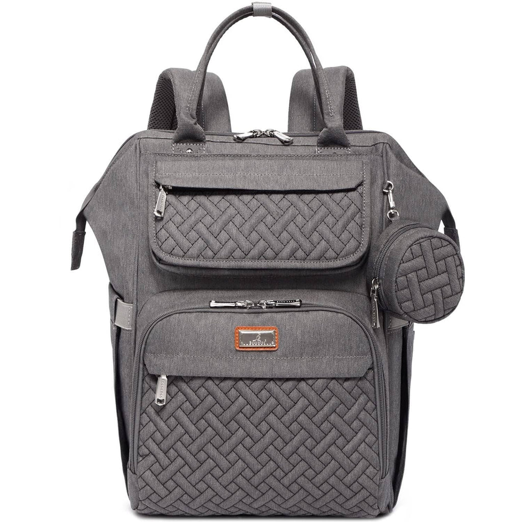 Dark gray diaper bag backpack, woven front, top handle, and front zipper pockets
