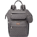 Dark gray diaper bag backpack, woven front, top handle, and front zipper pockets