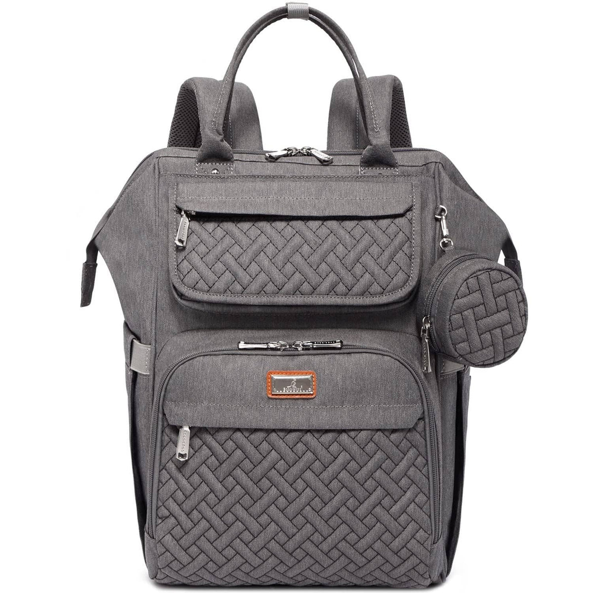 Dark gray diaper bag backpack, woven front, top handle, and front zipper pockets