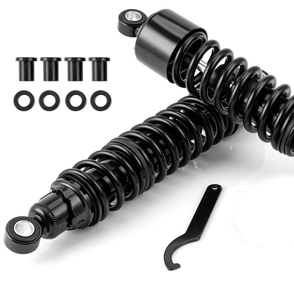 Adjustable rear shock absorbers set with black coil springs and extra fasteners