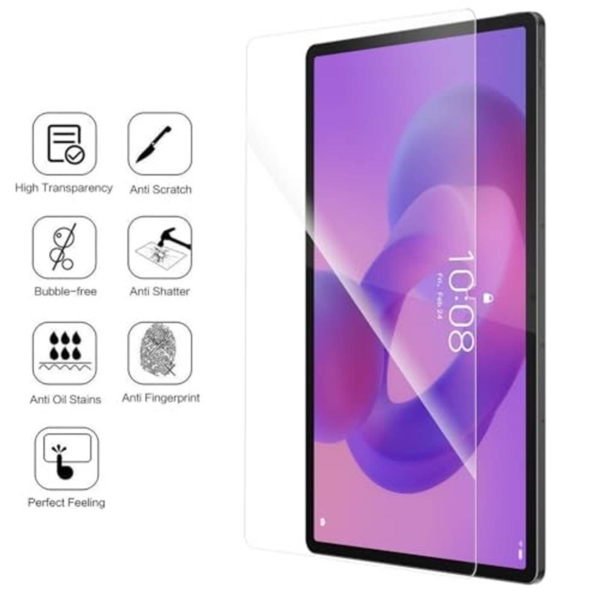Tempered glass screen protector with anti-scratch and anti-shatter feature icons