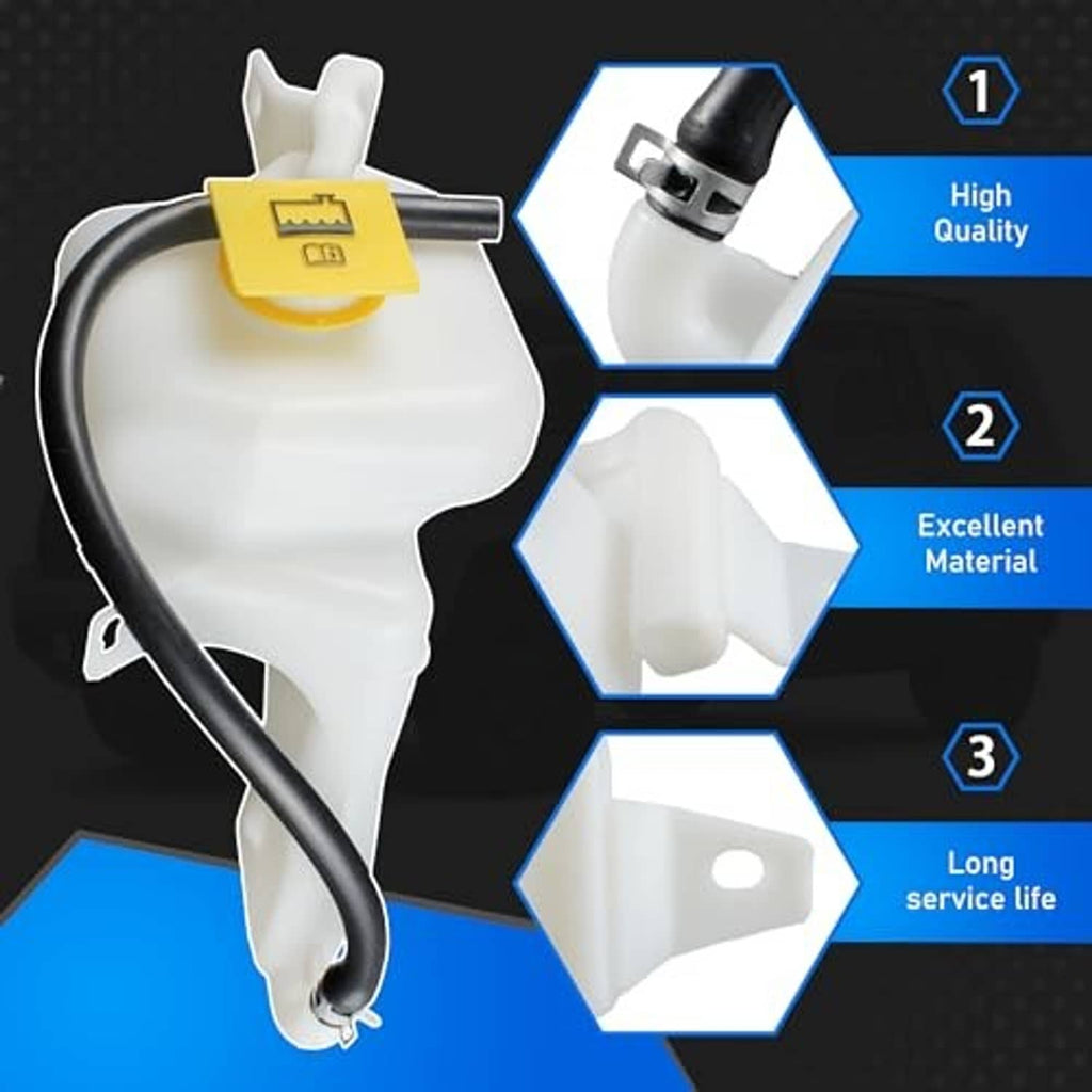 White coolant overflow reservoir tank with yellow cap, hose, and outlet connector